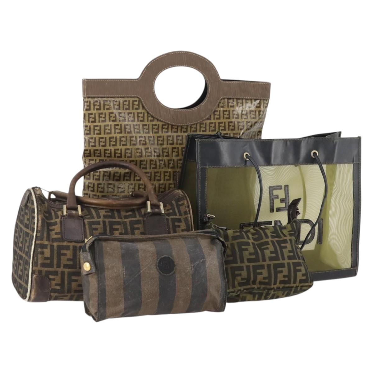 FENDI Zucca Canvas Zucchino Canvas Pecan Canvas Bag 5 Set Brown Auth 174434