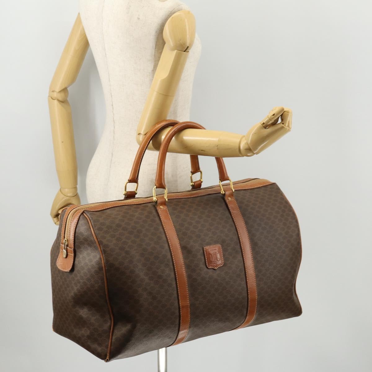 CELINE Macadam Canvas Boston Bag PVC Leather Brown Gold Auth 174436