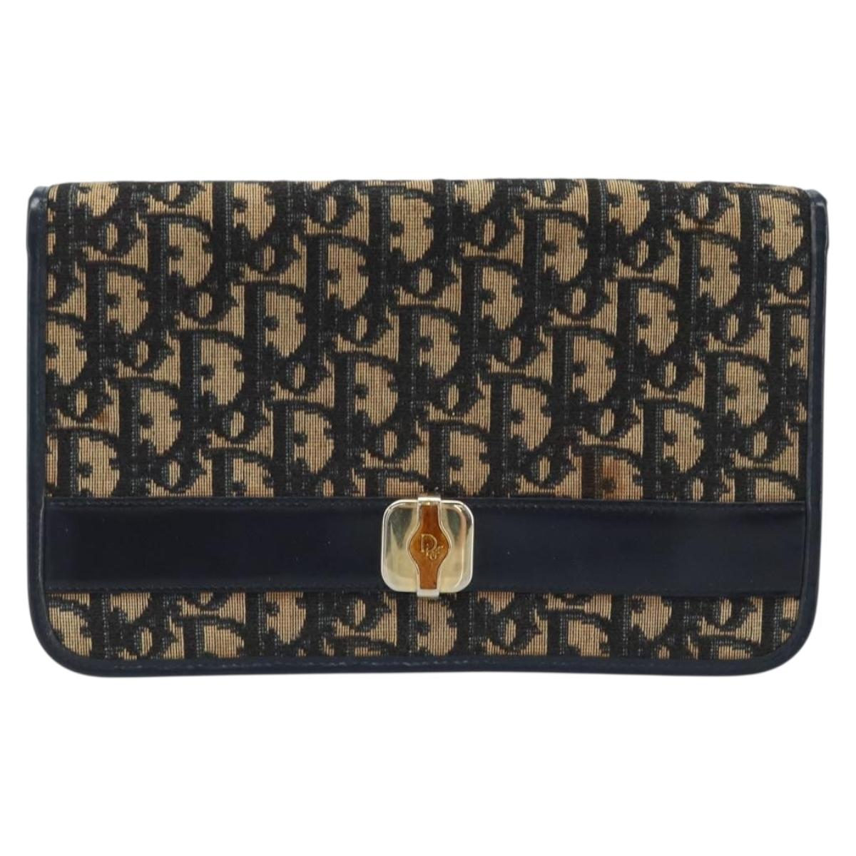 Christian Dior Trotter Canvas Chain Shoulder Bag Navy Gold Auth 174454A
