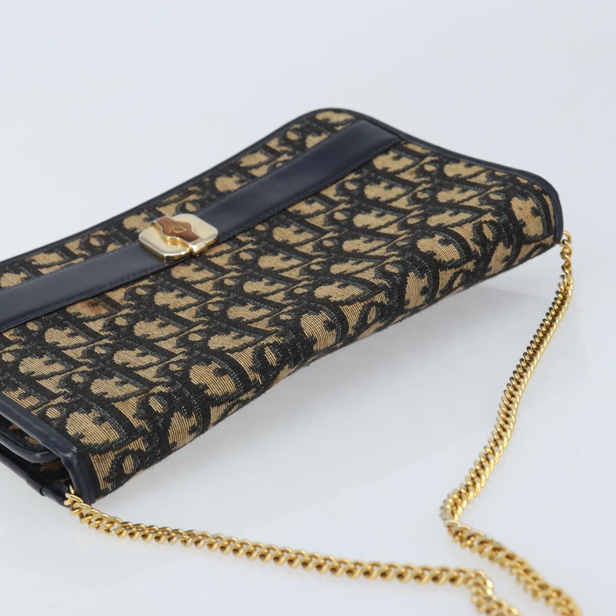 Christian Dior Trotter Canvas Chain Shoulder Bag Navy Gold Auth 174454A