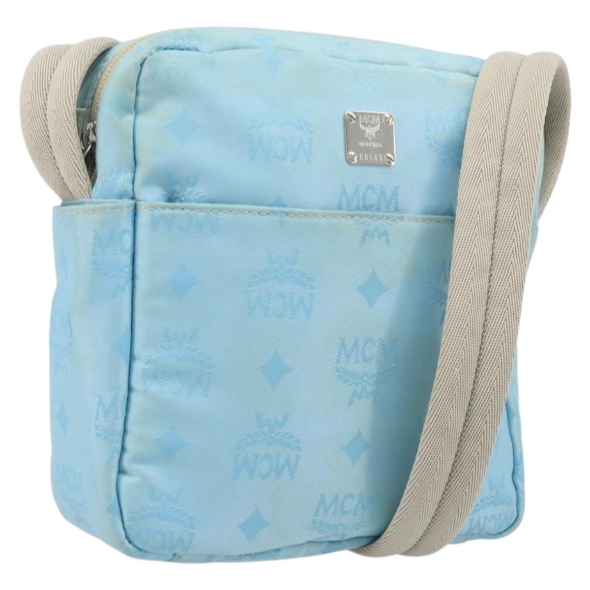 MCM Vicetos Logogram Shoulder Bag Nylon Light Blue Silver Auth 174459