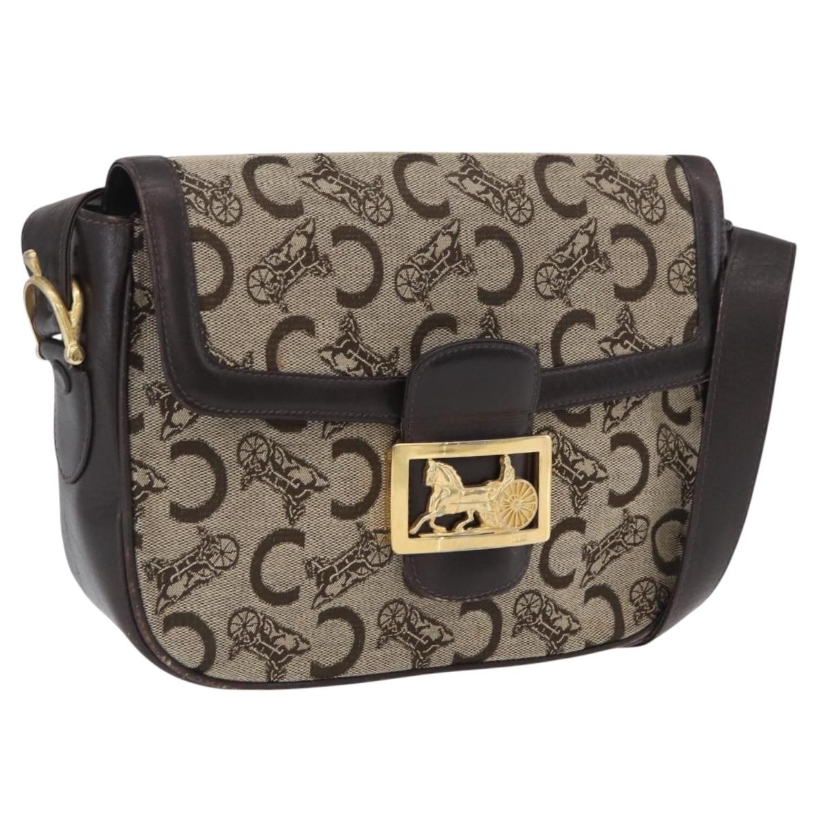CELINE C Sulky Shoulder Bag Canvas Beige Gold Auth 174468