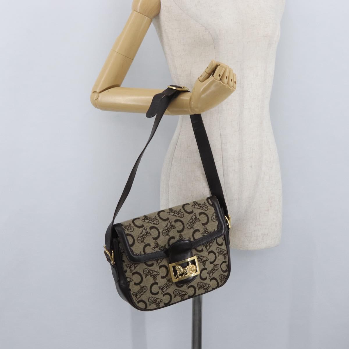 CELINE C Sulky Shoulder Bag Canvas Beige Gold Auth 174468