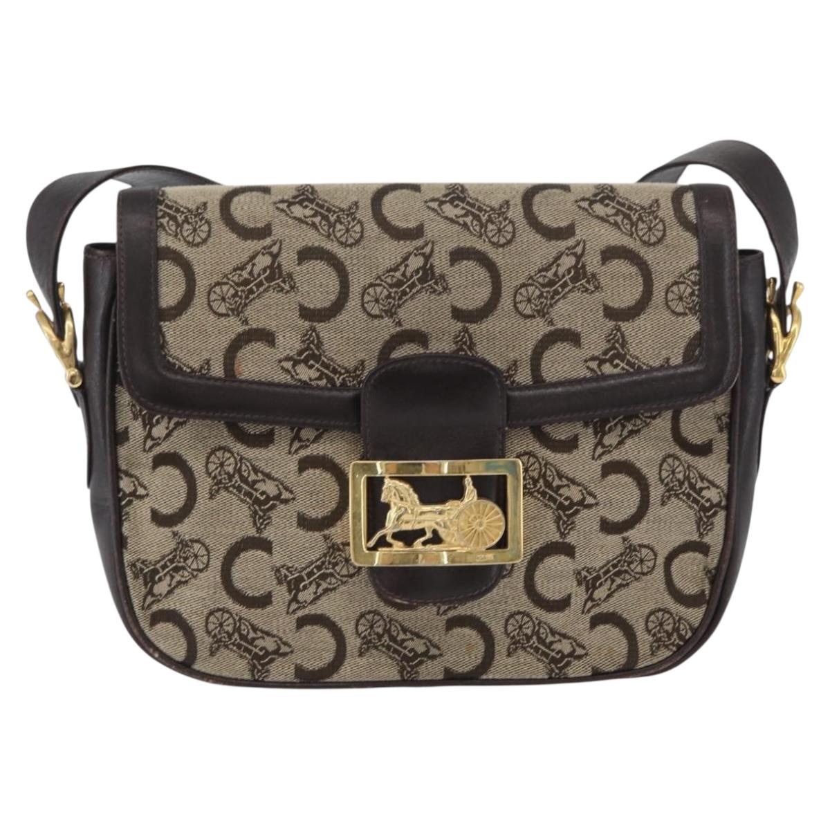CELINE C Sulky Shoulder Bag Canvas Beige Gold Auth 174468
