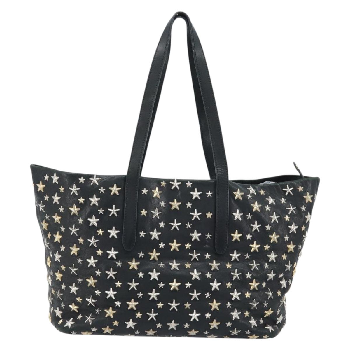 Jimmy Choo Tote Bag Leather Black Gold Auth 174476