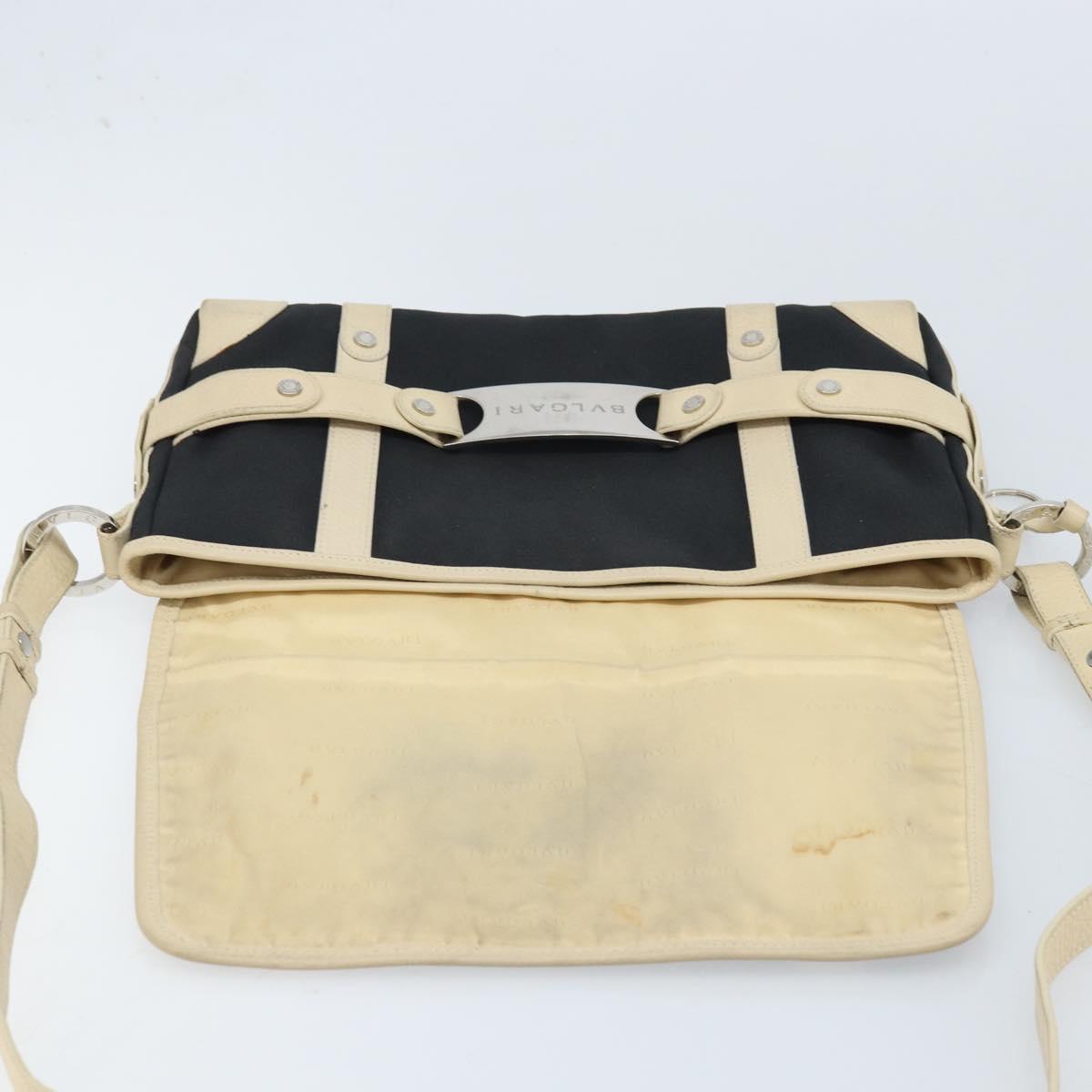 BVLGARI Shoulder Bag Canvas Leather Black Ivory Silver Auth 174478