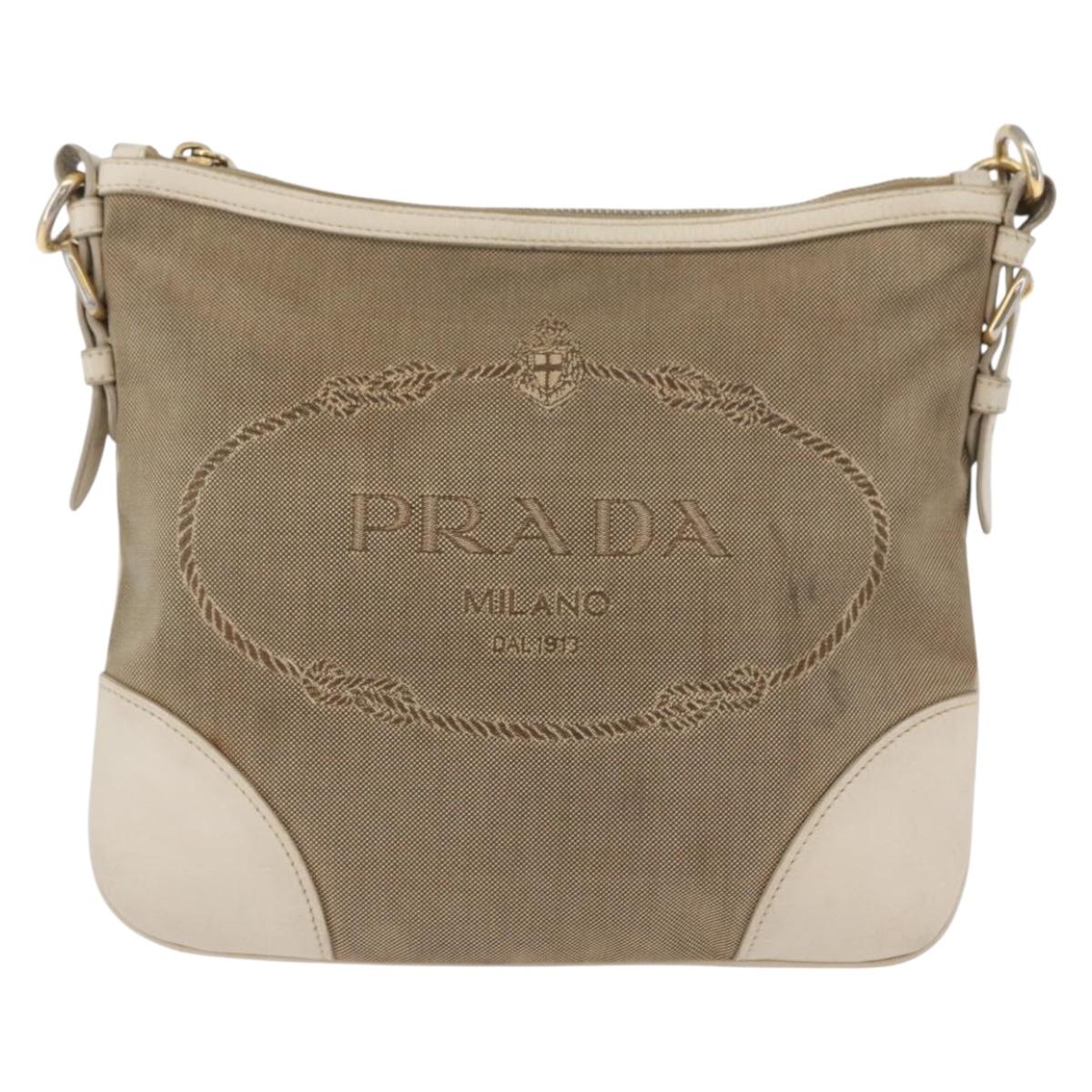 PRADA Shoulder Bag Canvas Leather Beige Gold Auth 174479