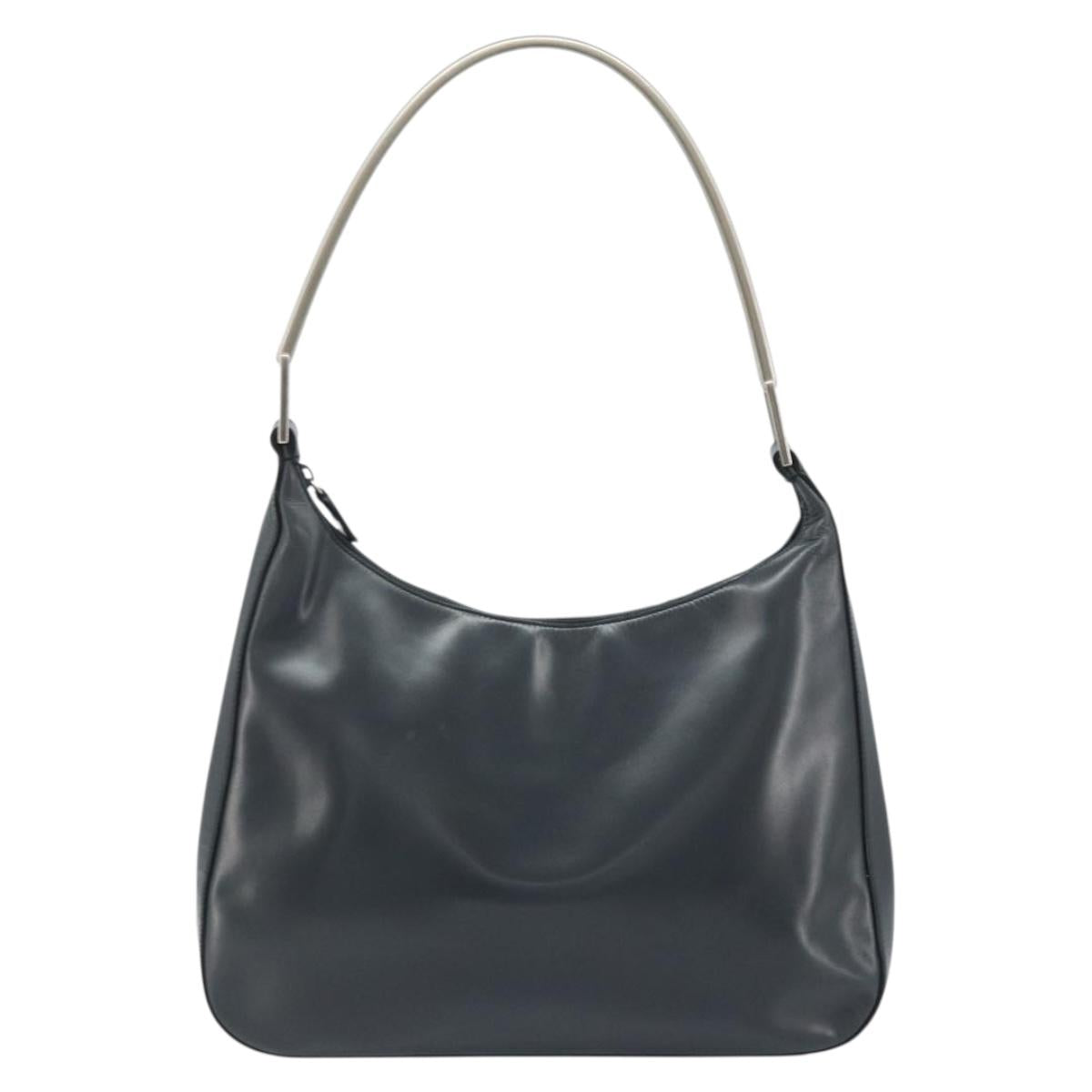 PRADA Shoulder Bag Leather Gray Silver tone Auth 174484