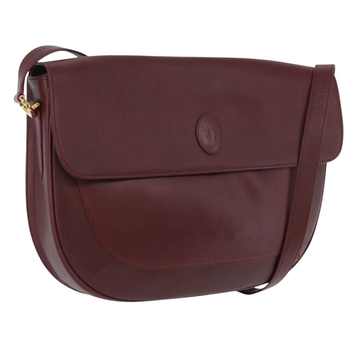 CARTIER Must Line Shoulder Bag Leather Bordeaux Gold Auth 174487