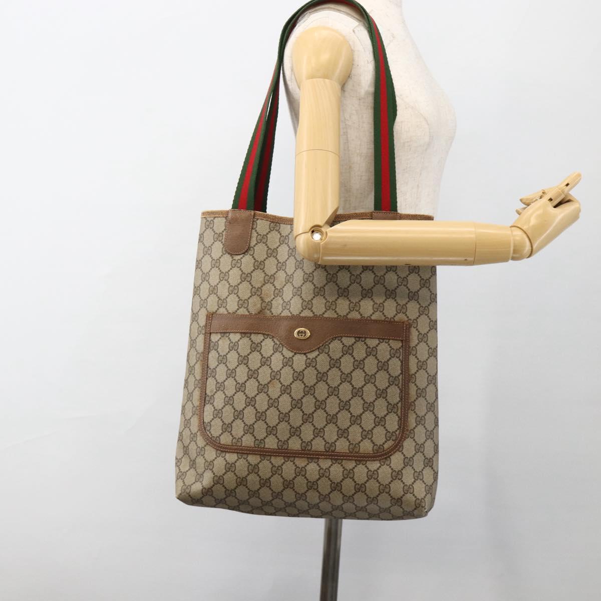 GUCCI GG Supreme Web Sherry Line Tote Bag PVC Beige 40 02 003 Auth 174488