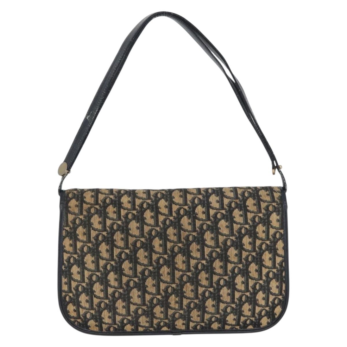Christian Dior Trotter Canvas Shoulder Bag Navy Gold Auth 174528