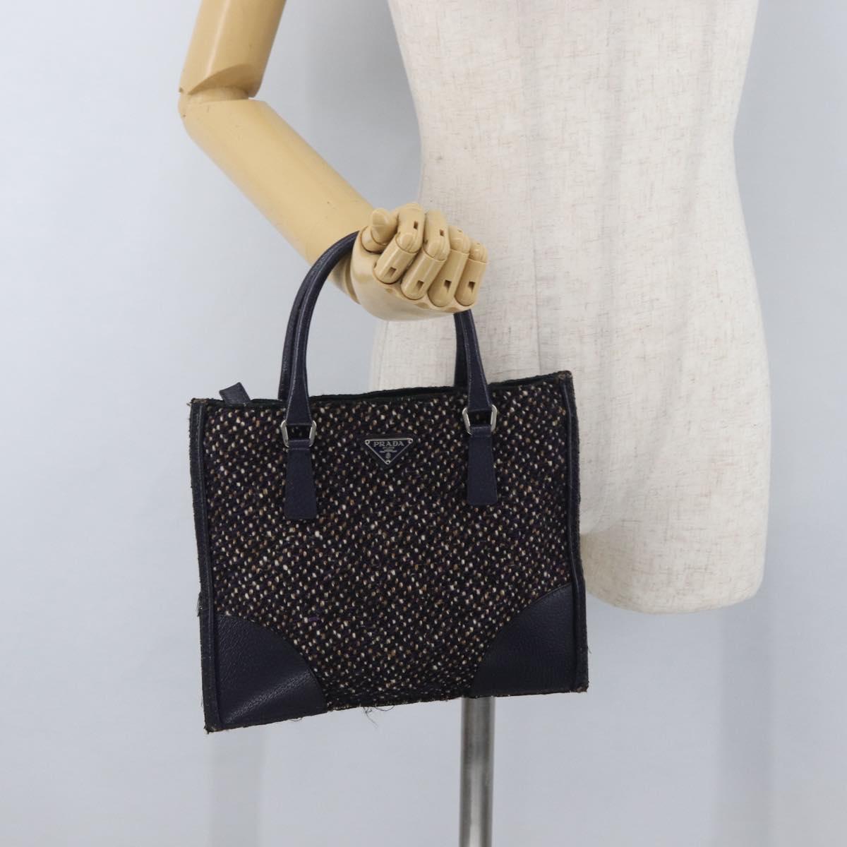 PRADA Hand Bag Cotton Leather Purple Silver Auth 174534