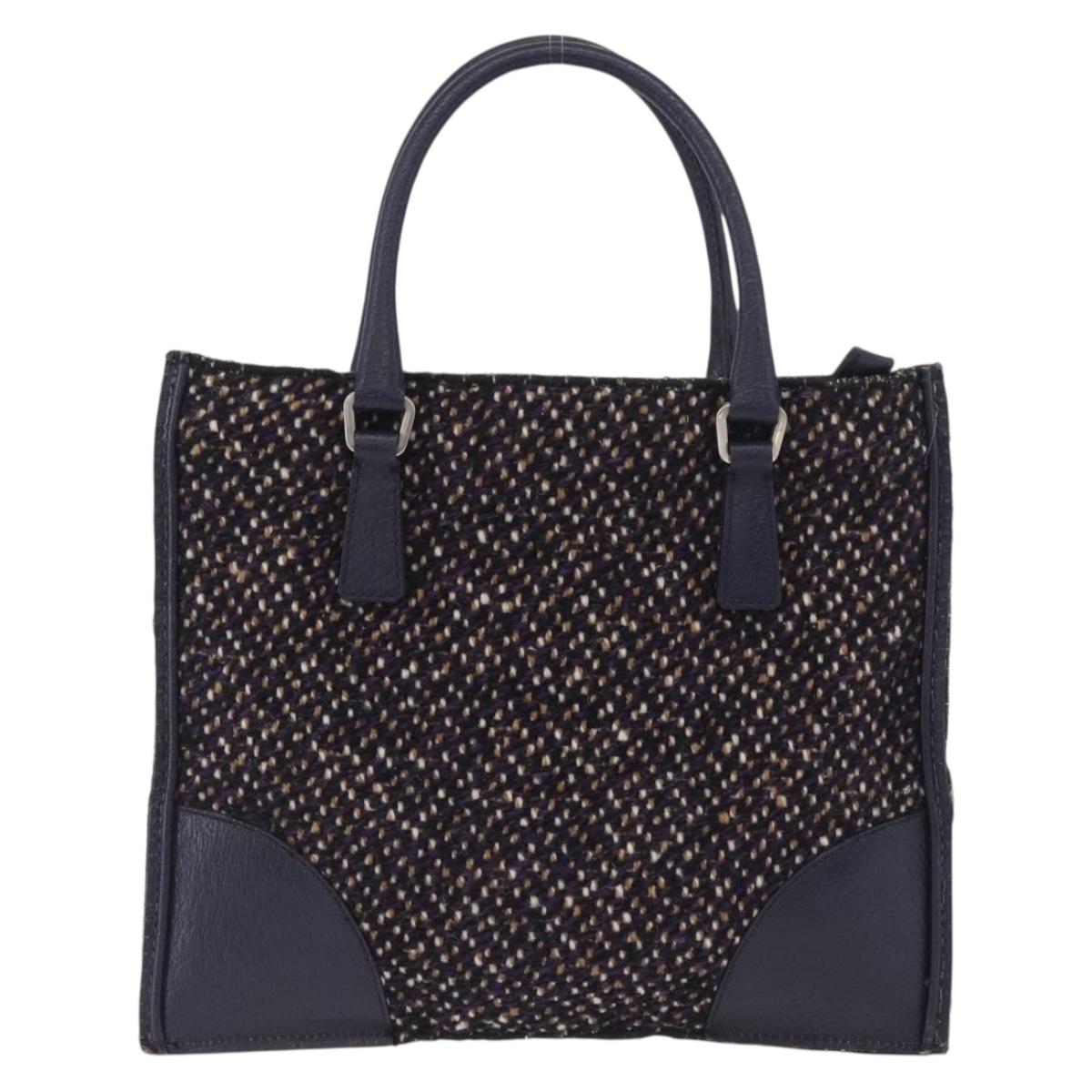 PRADA Hand Bag Cotton Leather Purple Silver Auth 174534