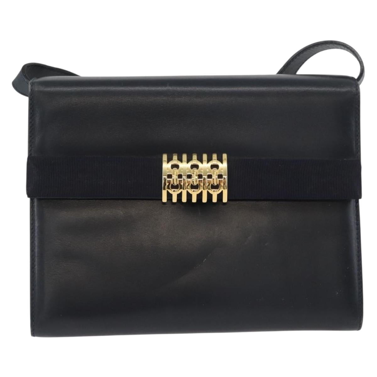 Salvatore Ferragamo Gancini Shoulder Bag Leather Navy Gold Auth 174541
