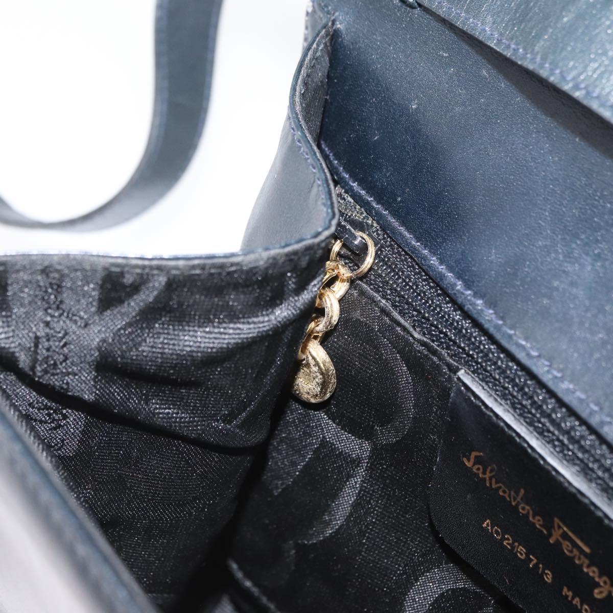 Salvatore Ferragamo Gancini Shoulder Bag Leather Navy Gold Auth 174541