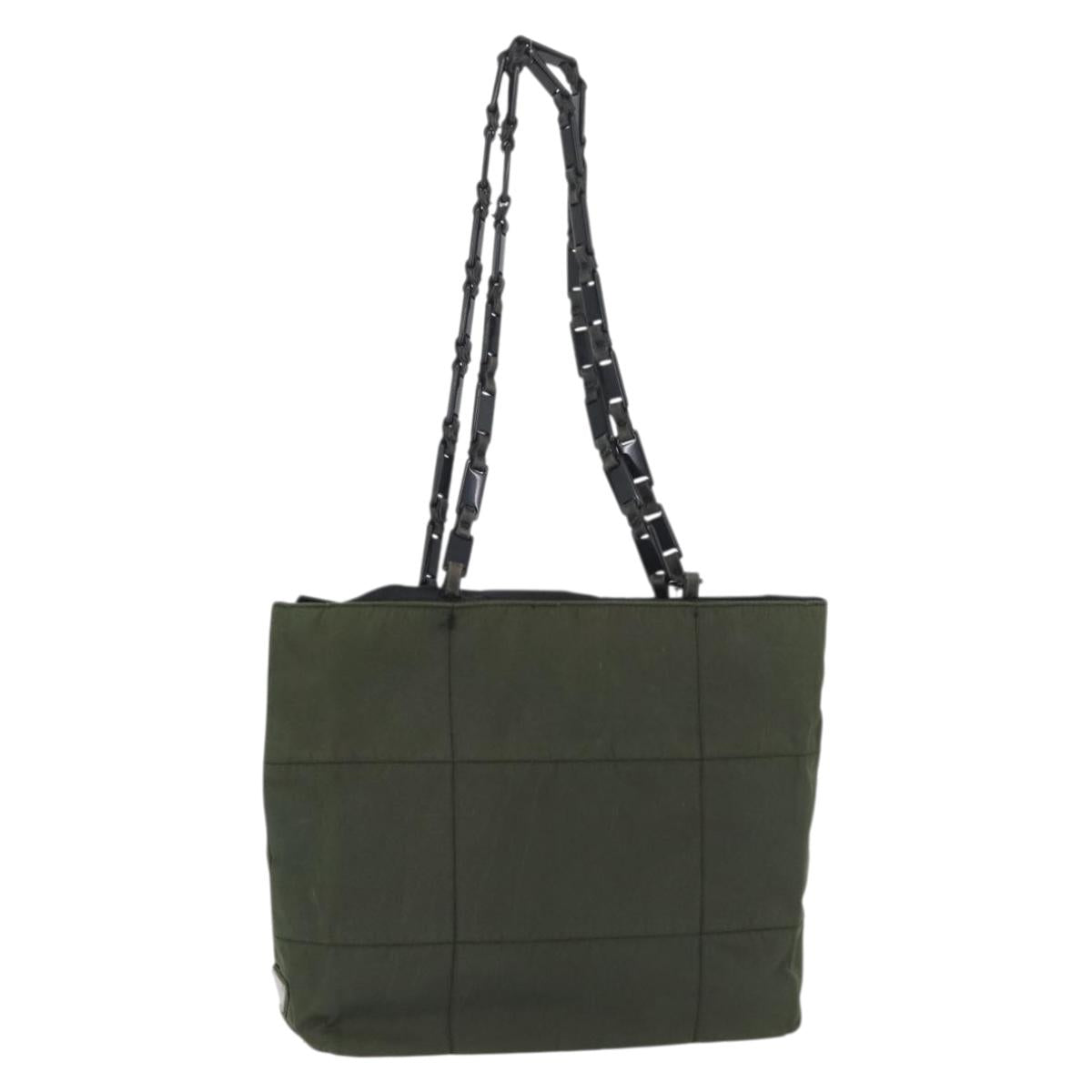 PRADA Plastic Chain Tote Bag Nylon Khaki Silver Auth 174554