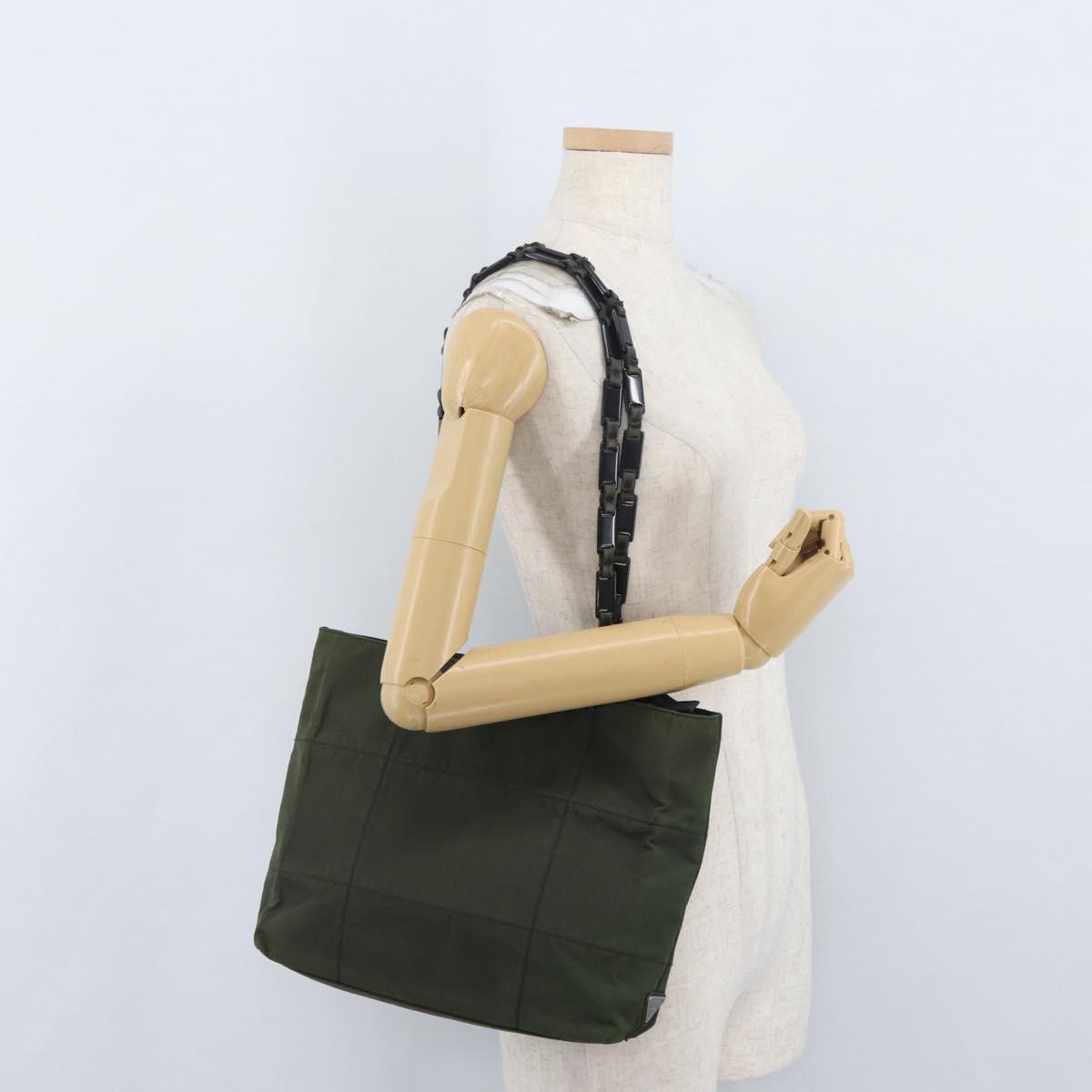 PRADA Plastic Chain Tote Bag Nylon Khaki Silver Auth 174554