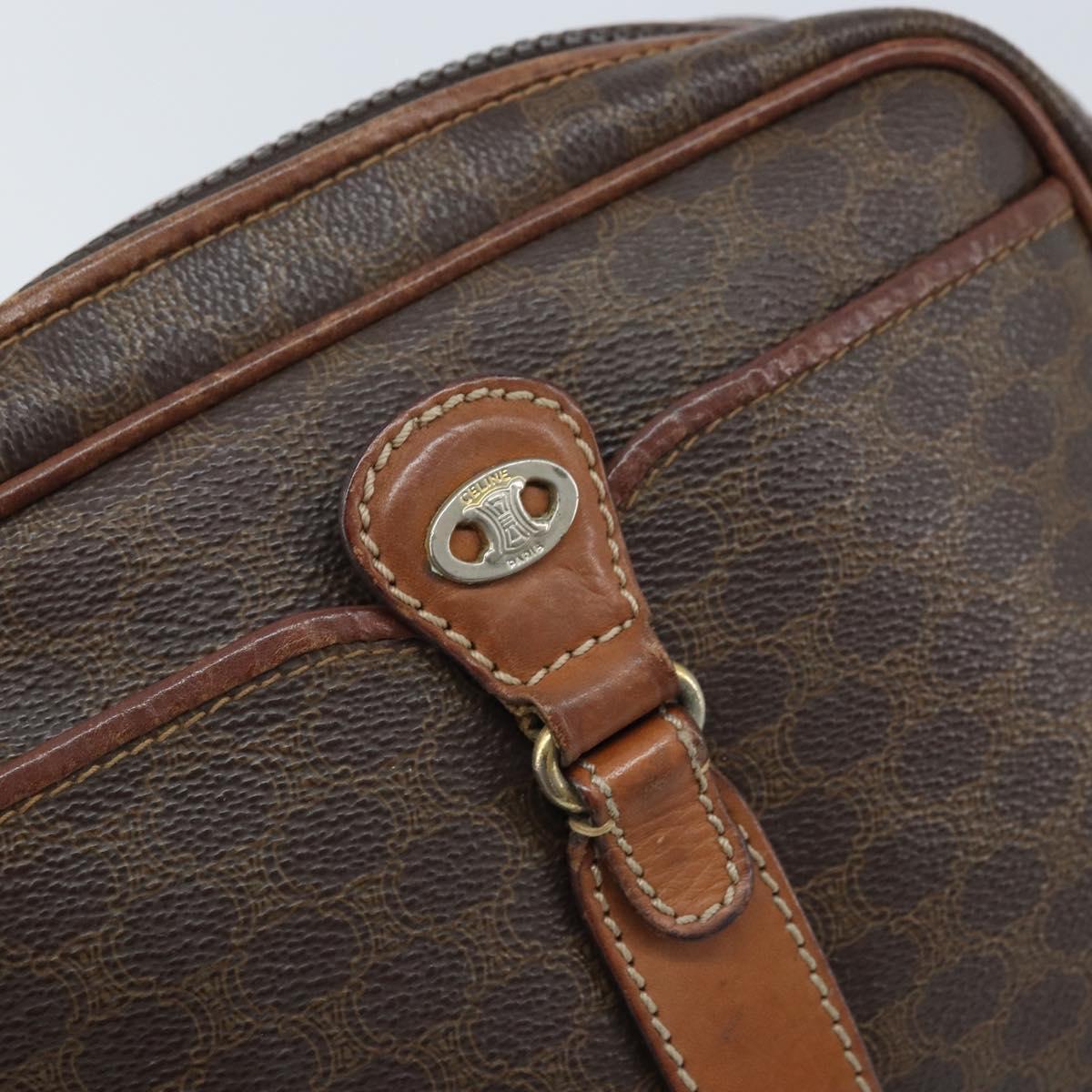 CELINE Macadam Canvas Shoulder Bag PVC Leather Brown Gold Auth 174572
