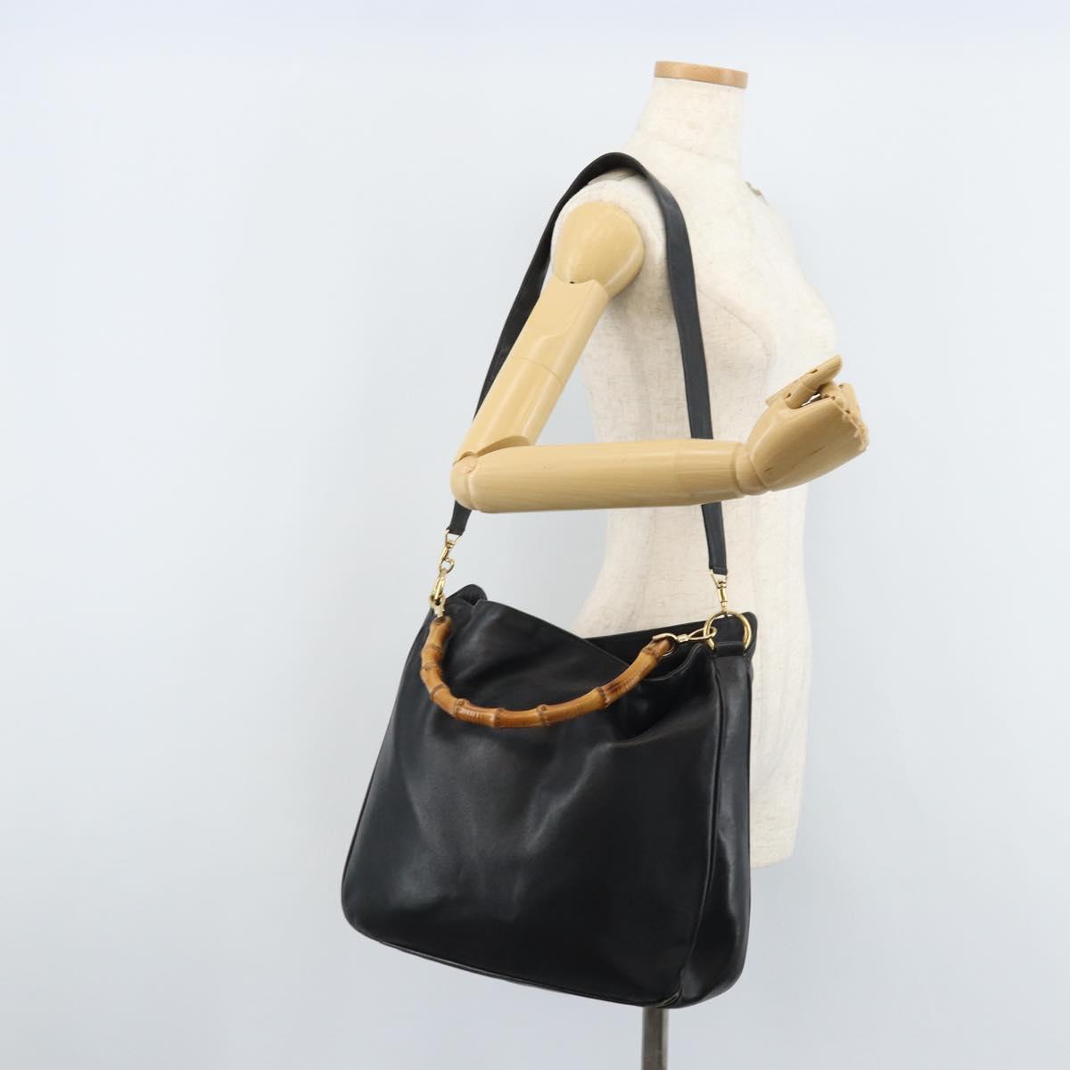 GUCCI Bamboo Shoulder Bag Leather 2way Black Gold 001 3444 1577 Auth 174580
