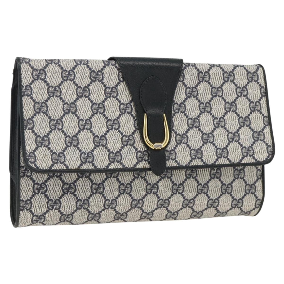 GUCCI GG Supreme Clutch Bag PVC Navy Gold Auth 174582