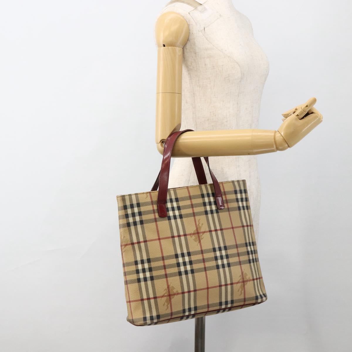 BURBERRY Nova Check Hand Bag PVC Beige Silver Auth 174589