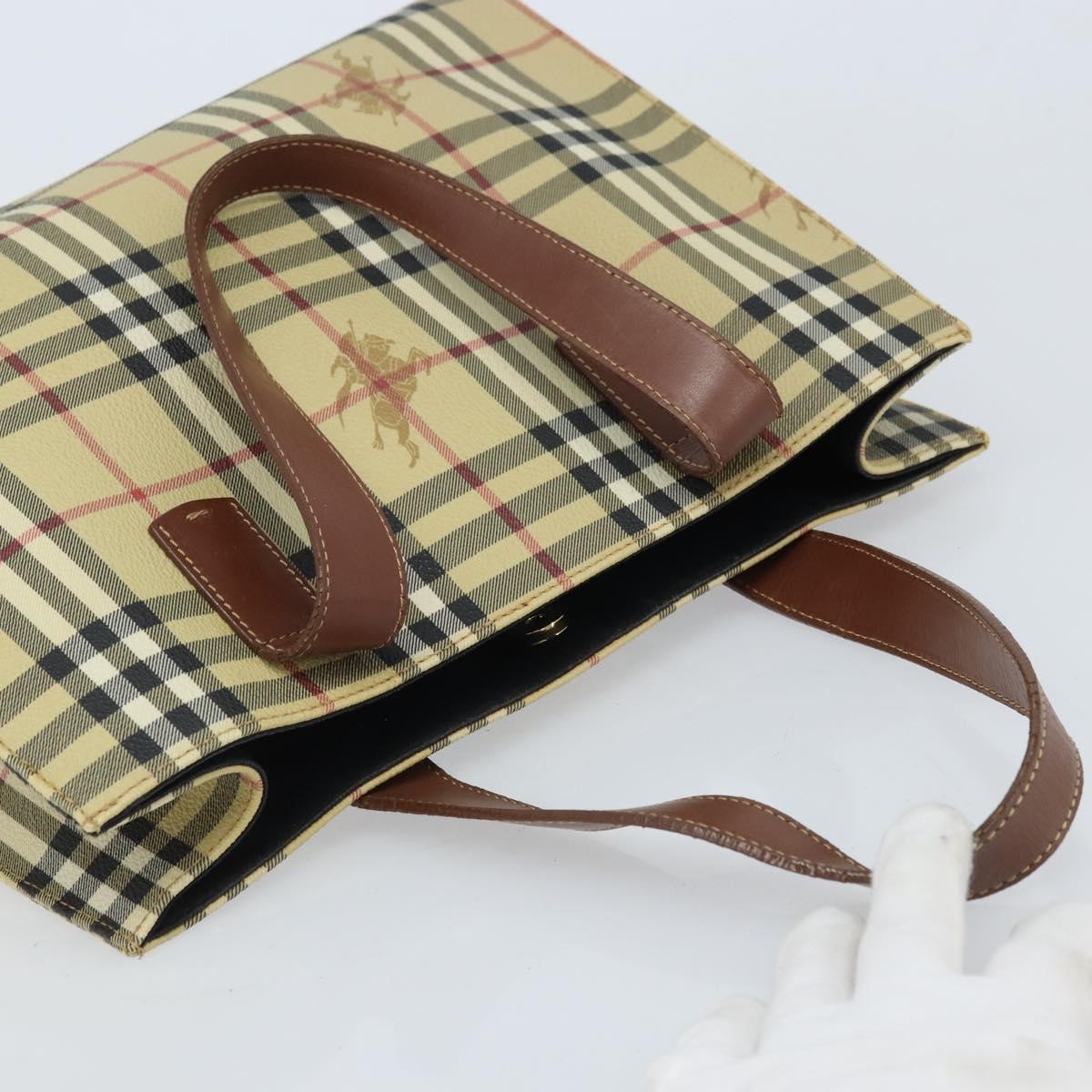 BURBERRY Nova Check Hand Bag PVC Beige Gold Auth 174590