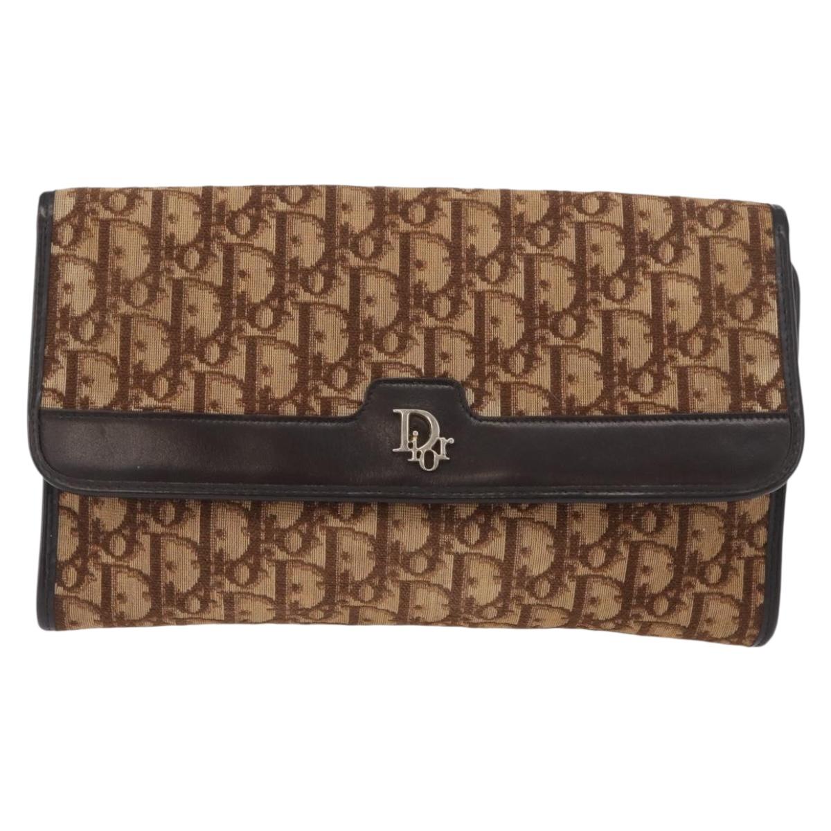 Christian Dior Trotter Canvas Clutch Bag Brown Gold Auth 174592