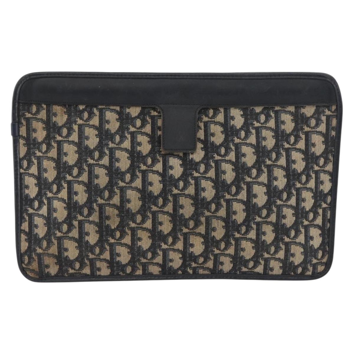 Christian Dior Trotter Canvas Clutch Bag Navy Gold Auth 174597