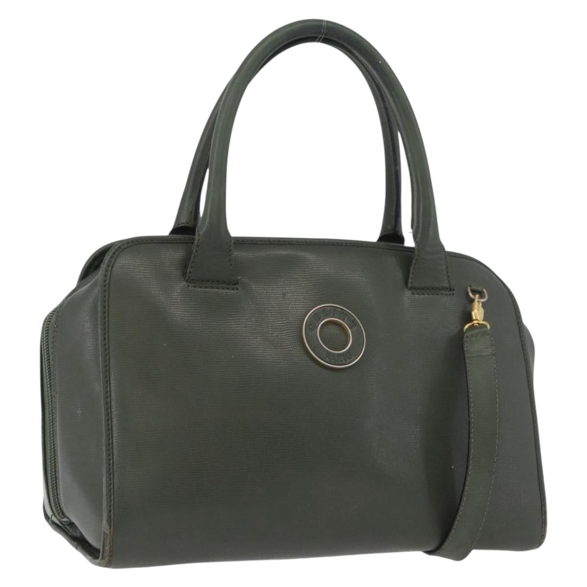 CELINE Hand Bag Leather Khaki Gold Auth 174600