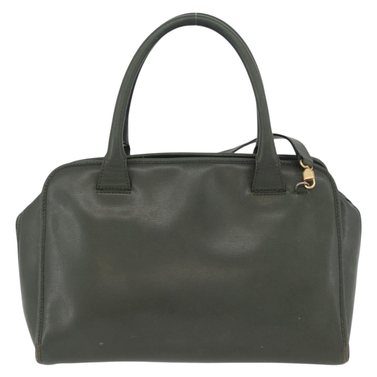 CELINE Hand Bag Leather Khaki Gold Auth 174600