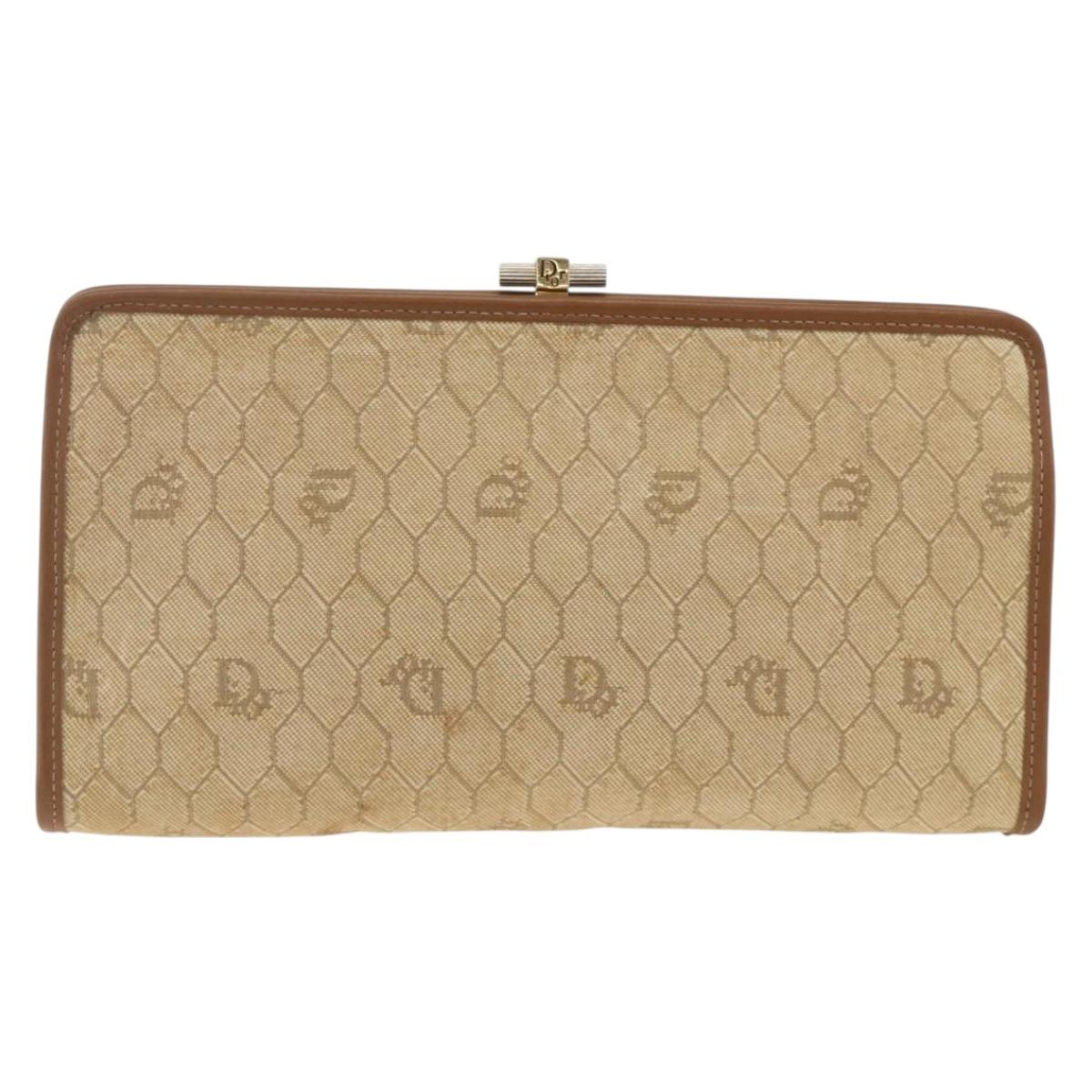 Christian Dior Honeycomb Canvas Clutch Bag Beige Gold Auth 174606