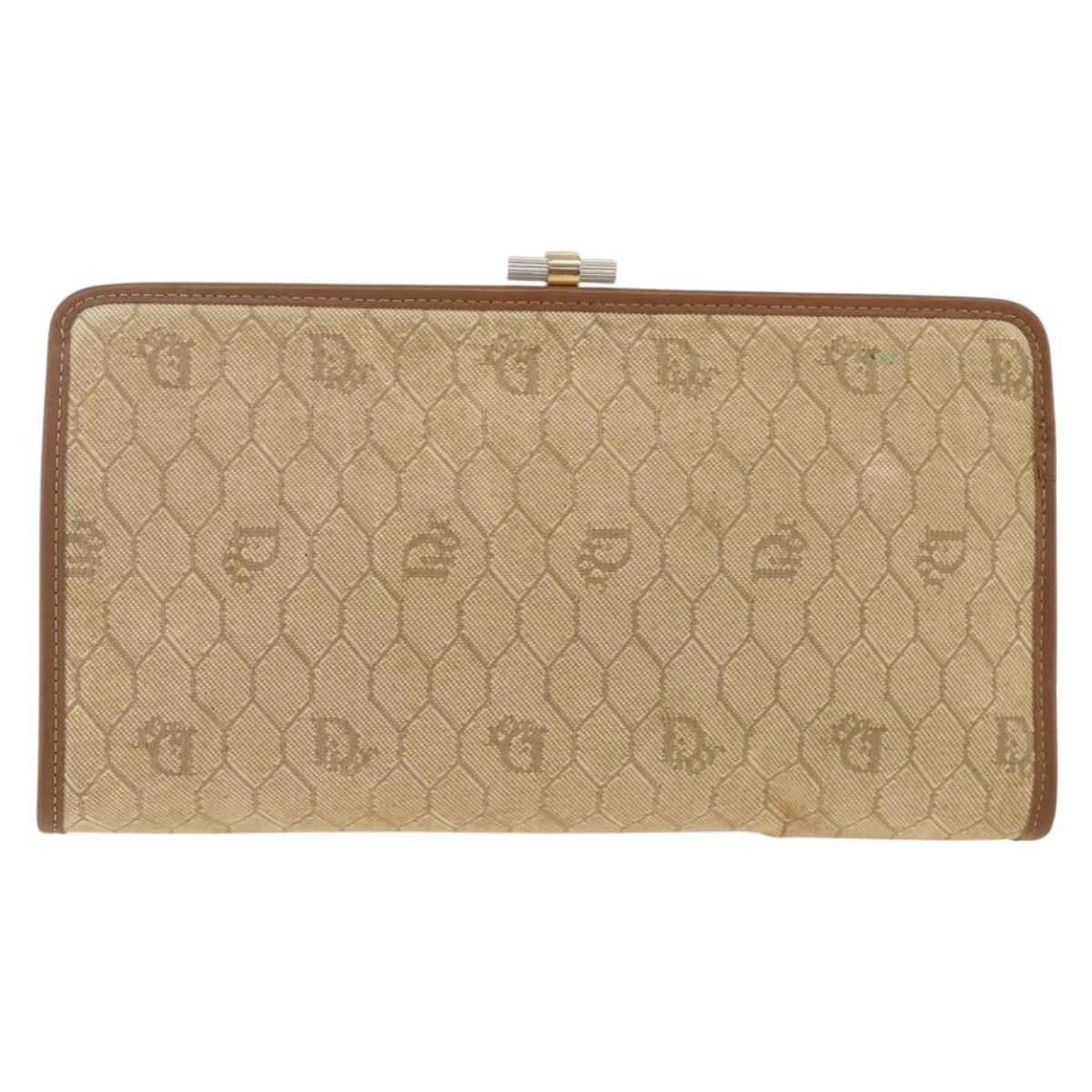 Christian Dior Honeycomb Canvas Clutch Bag Beige Gold Auth 174606