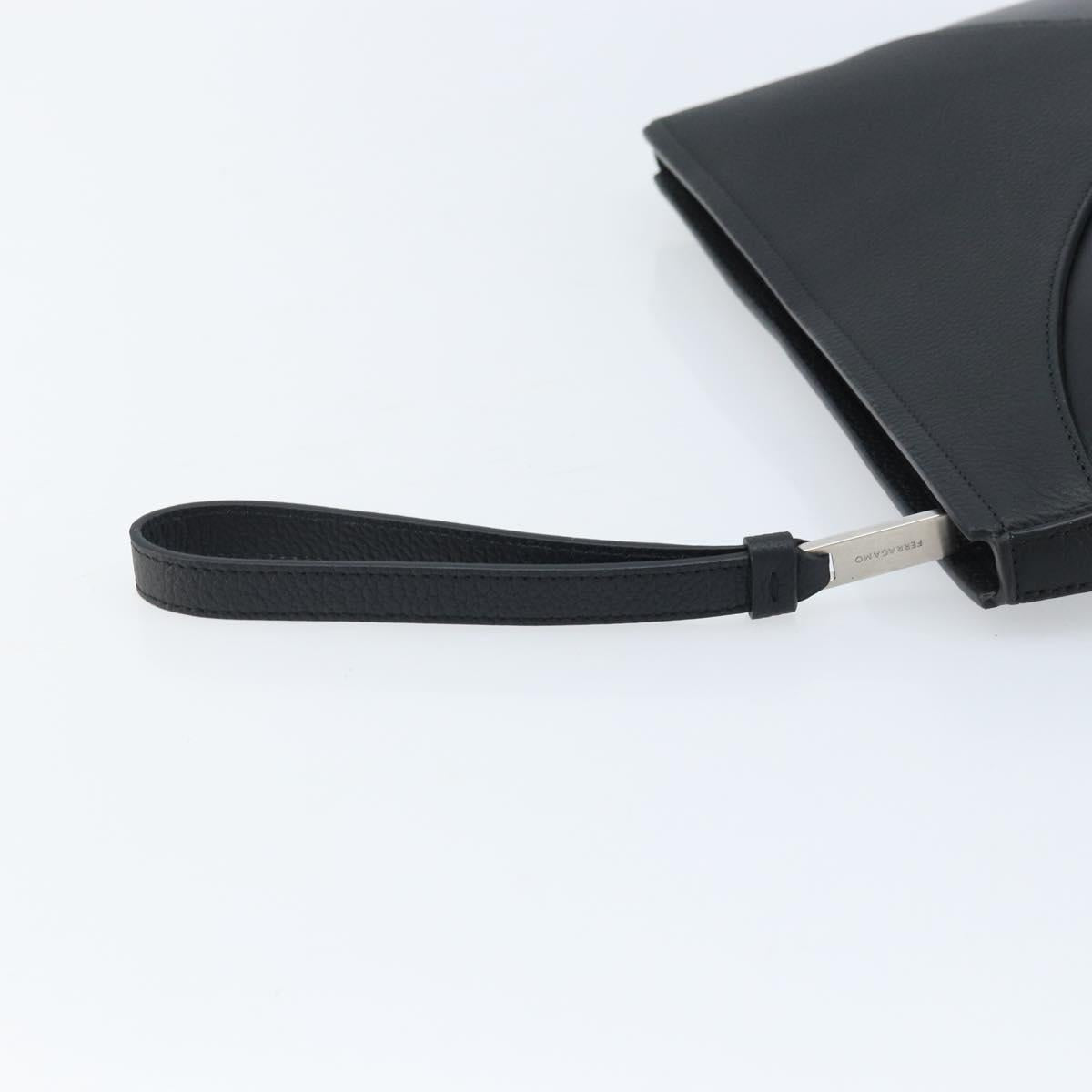 Salvatore Ferragamo Clutch Bag Leather Black Silver Auth 174608