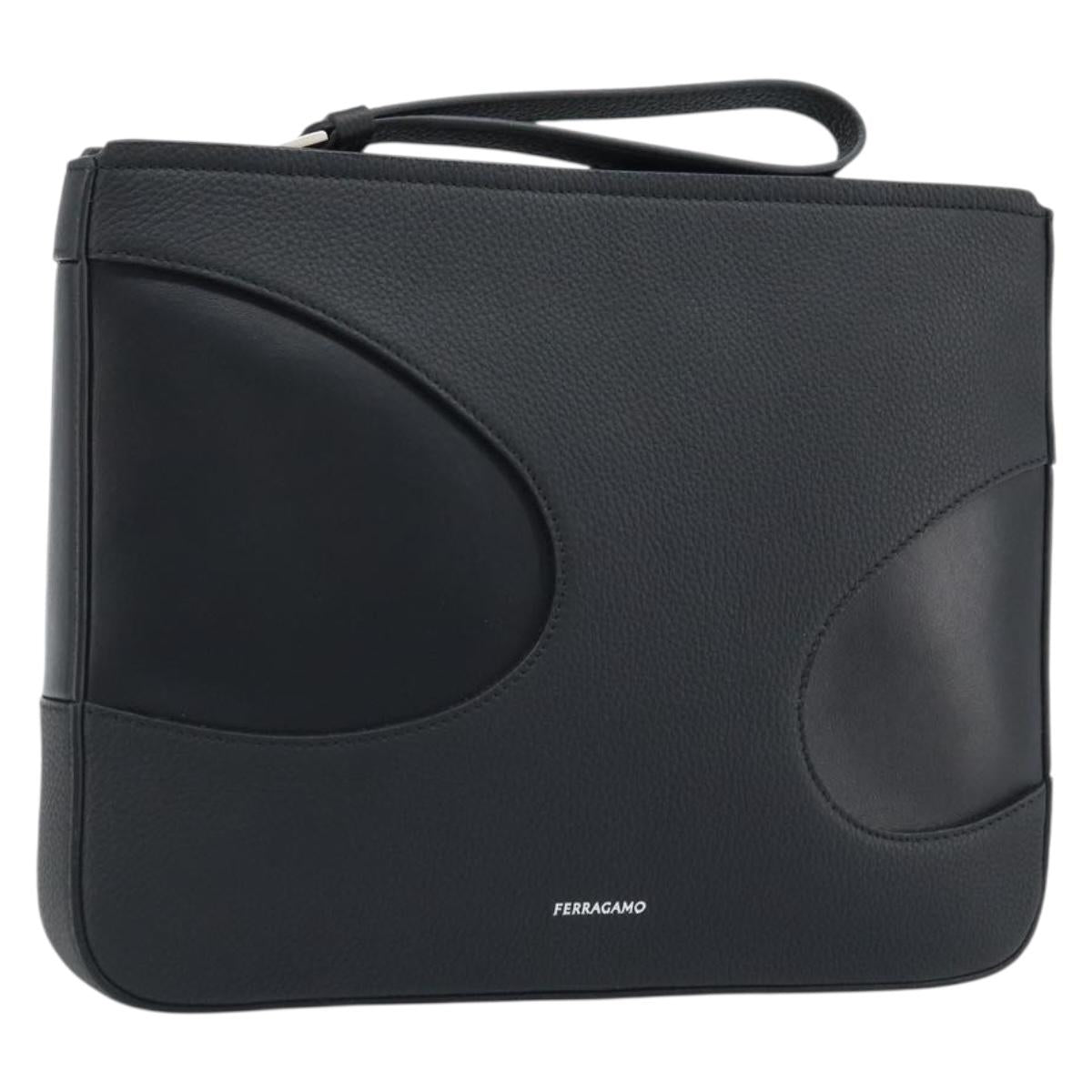 Salvatore Ferragamo Clutch Bag Leather Black Silver Auth 174608