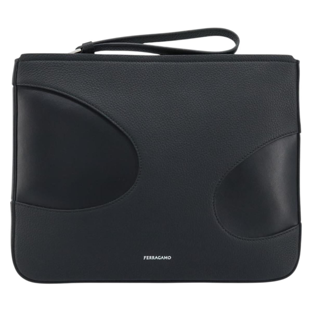 Salvatore Ferragamo Clutch Bag Leather Black Silver Auth 174608