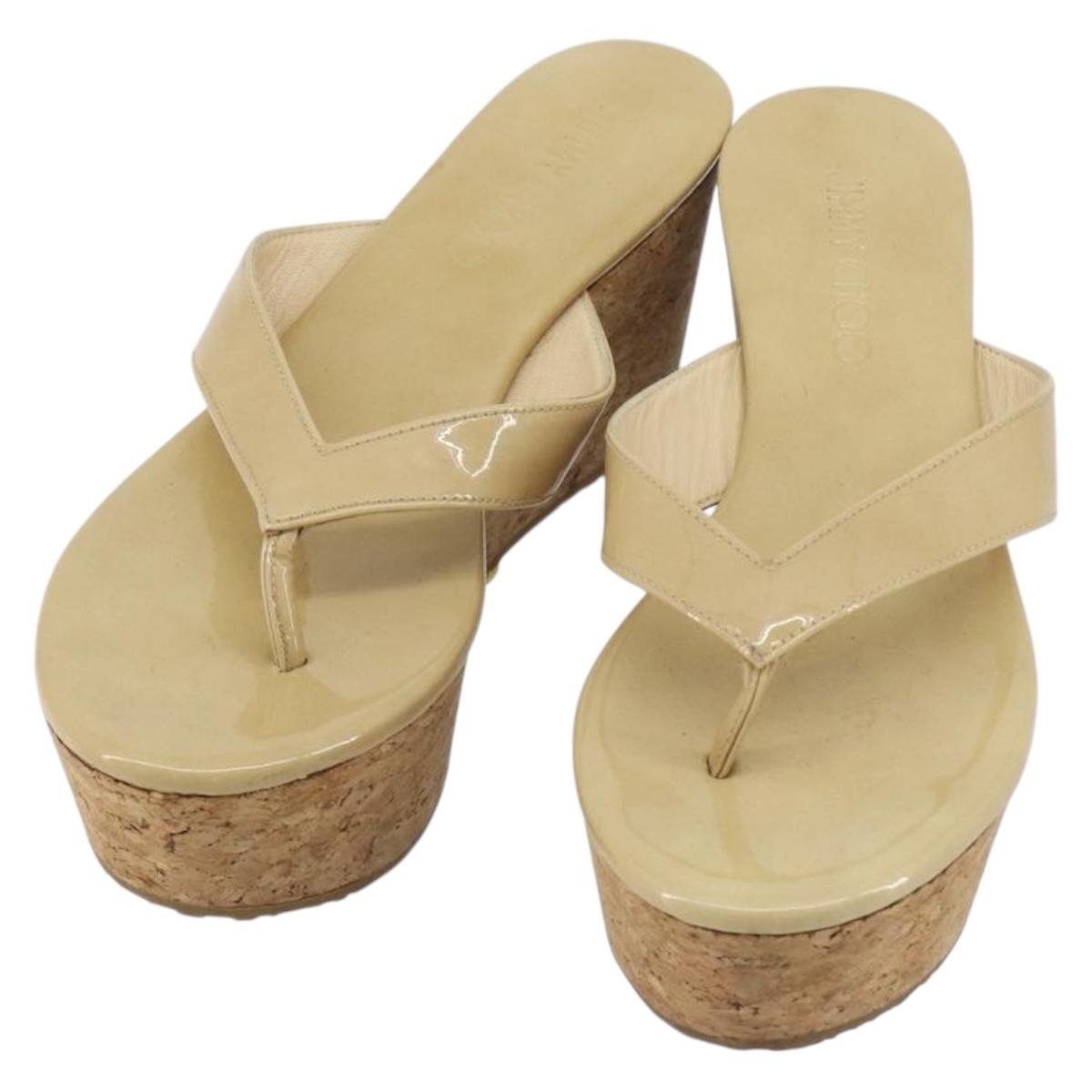 Jimmy Choo Cork Wedge Sandals Patent leather Beige Auth 174633A