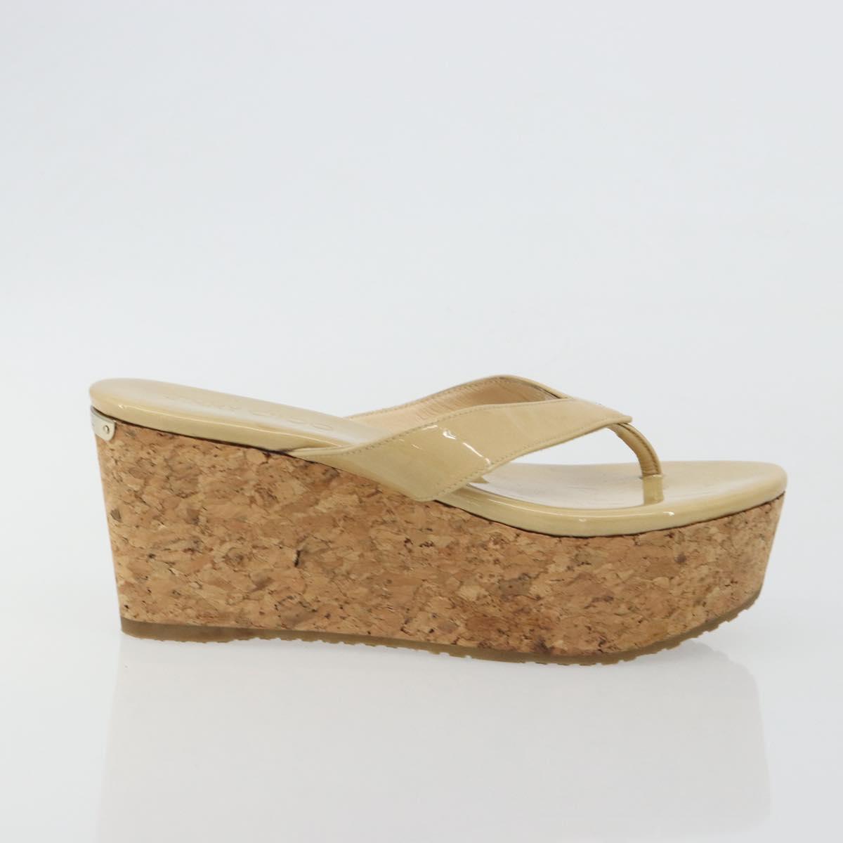 Jimmy Choo Cork Wedge Sandals Patent leather Beige Auth 174633A