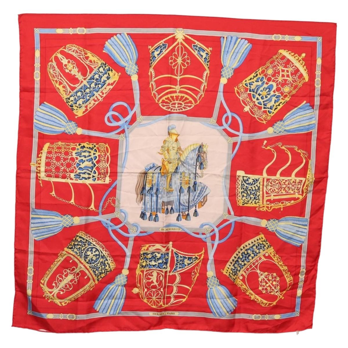 HERMES Carre 90 Scarf ""LES MUSEROLLES"" Silk Red Auth 174679