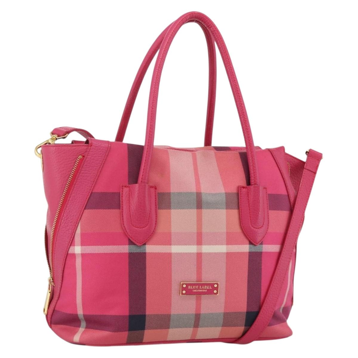 BLUE LABEL CRESTBRIDGE CB Check Bag Canvas Leather 2way Pink Gold Auth 174708A