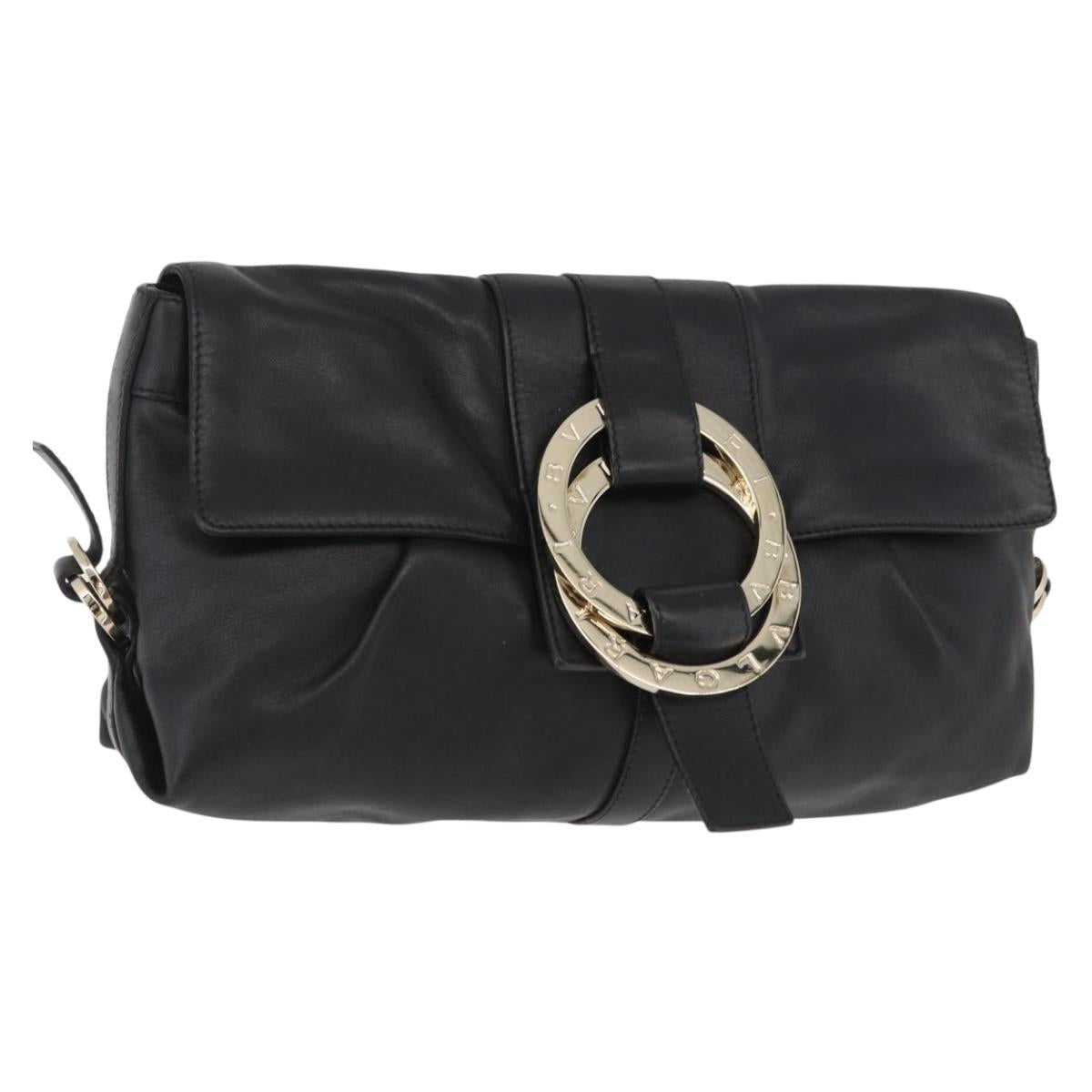 BVLGARI Clutch Bag Leather Black Gold Auth 174713A