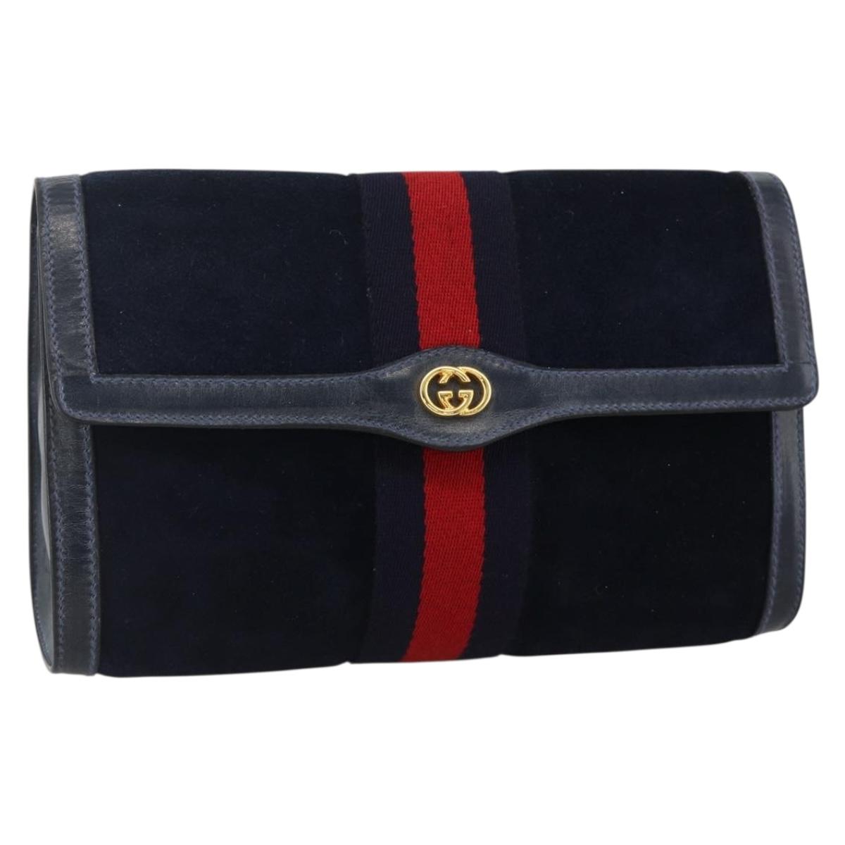 GUCCI Sherry Line Clutch Bag Suede Navy Red Auth 174717A