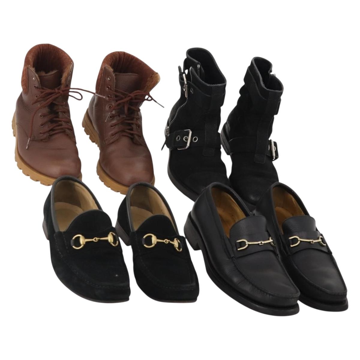 GUCCI Shoes Leather 4 Set Black Brown Auth 174779