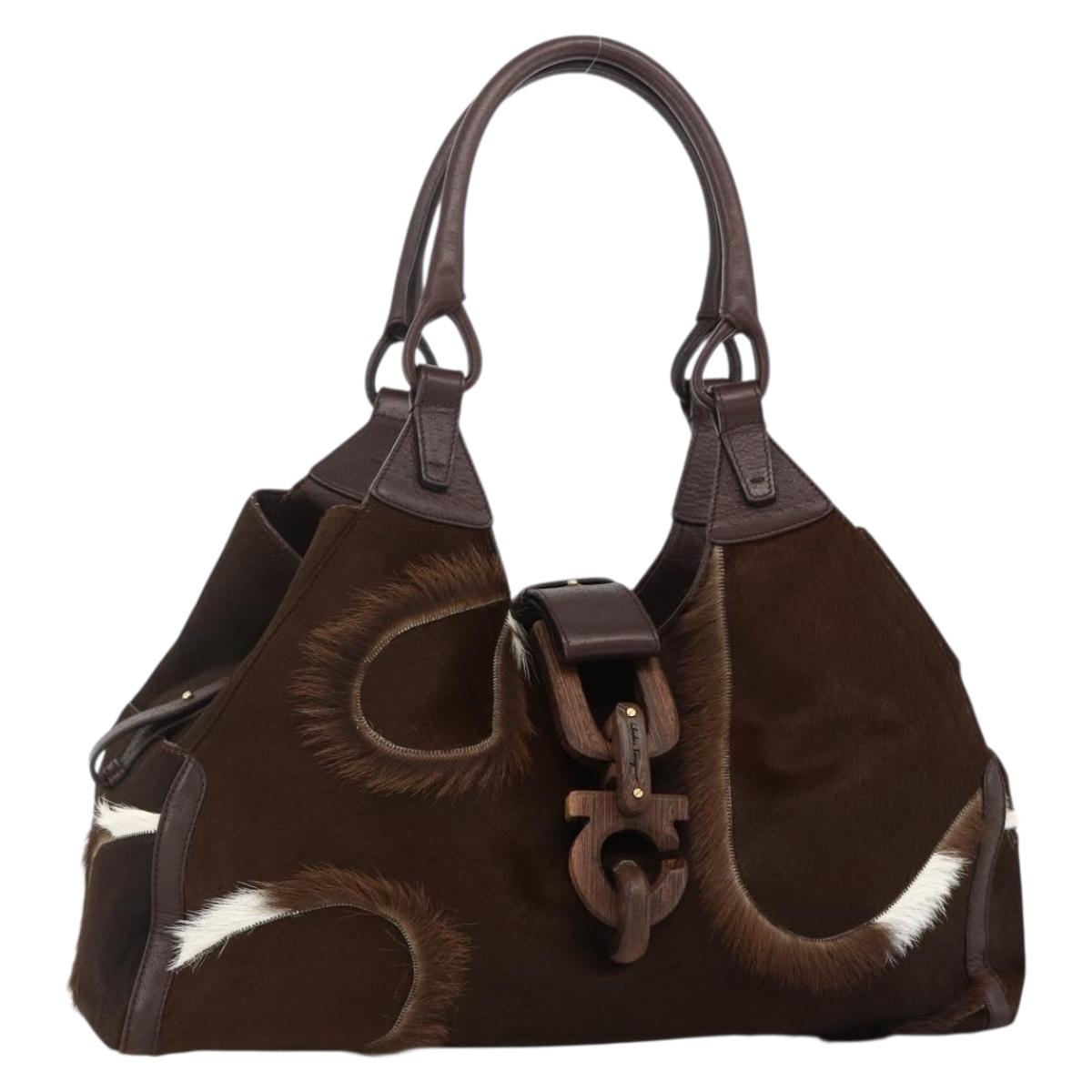 Salvatore Ferragamo Gancini Hand Bag Unborn Calf Skin Brown Gold Auth 174856A