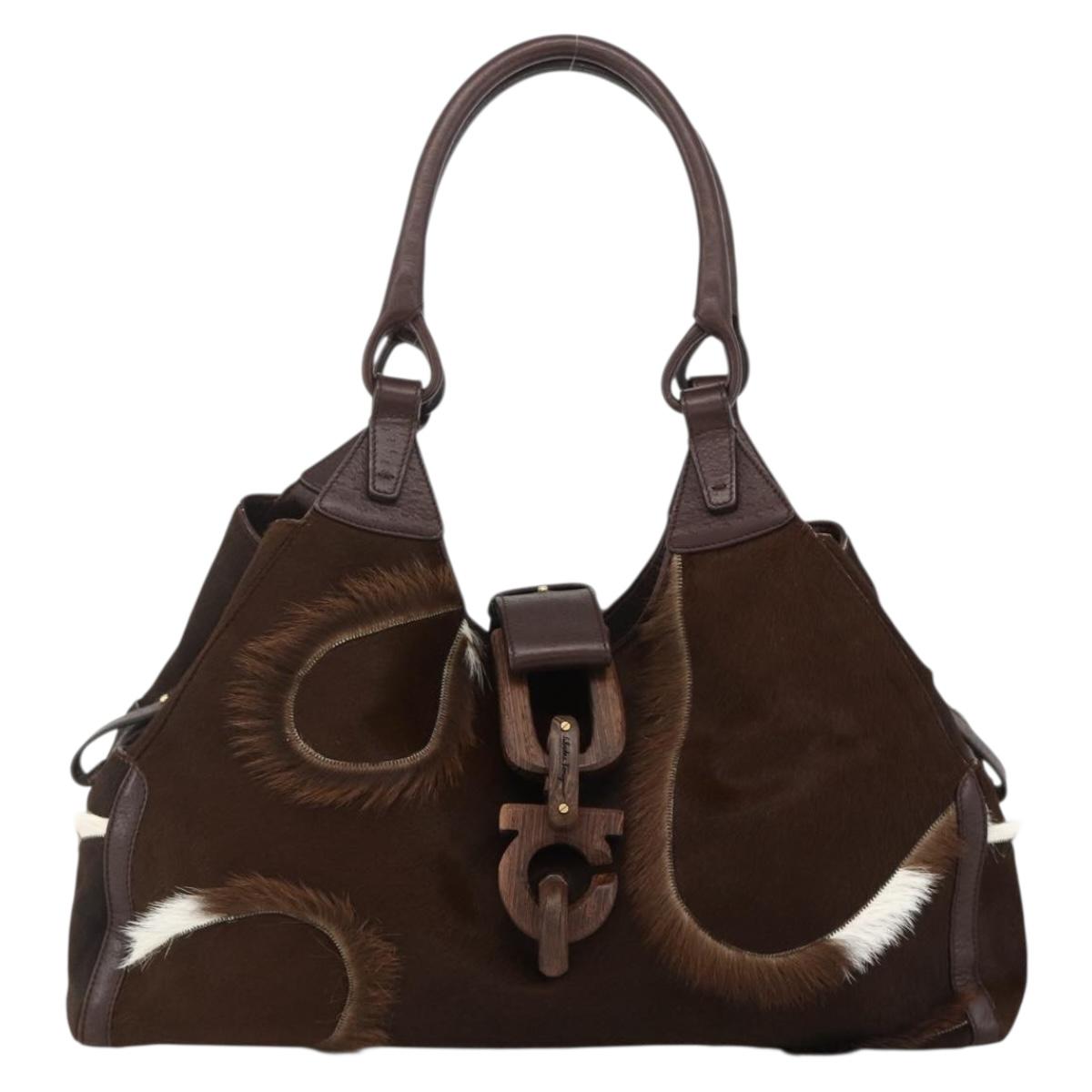 Salvatore Ferragamo Gancini Hand Bag Unborn Calf Skin Brown Gold Auth 174856A