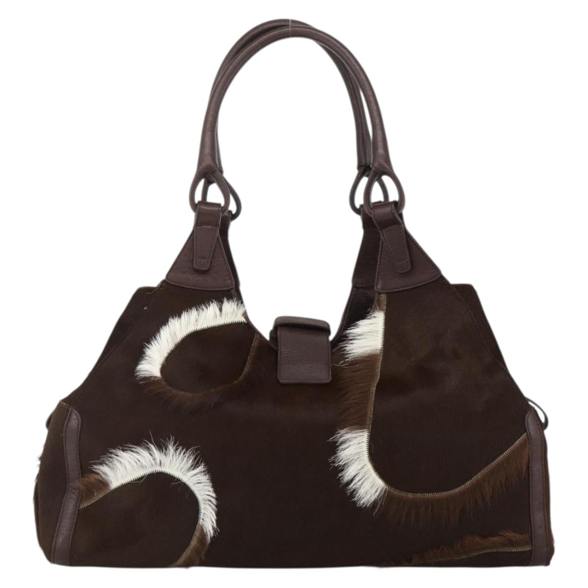 Salvatore Ferragamo Gancini Hand Bag Unborn Calf Skin Brown Gold Auth 174856A