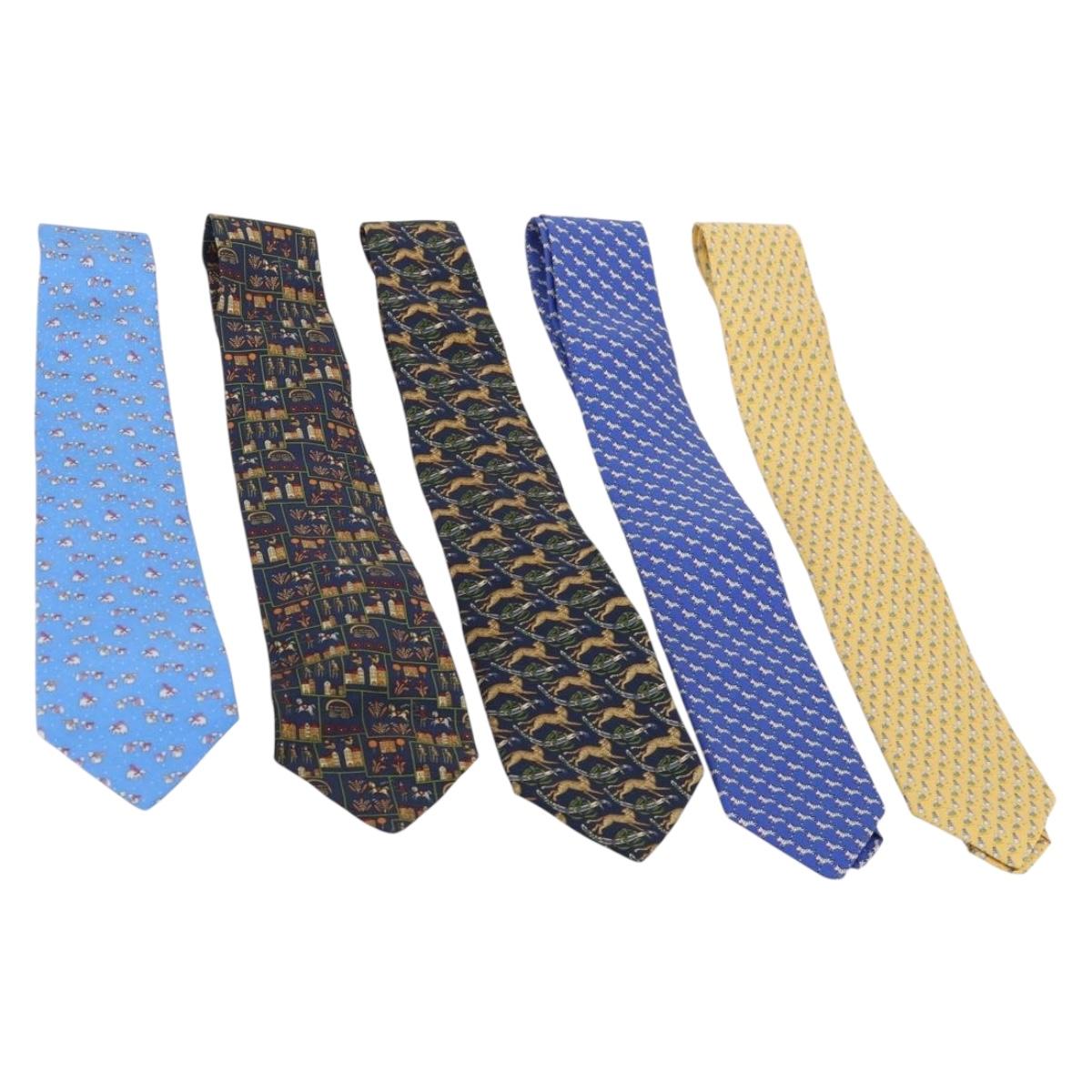 Salvatore Ferragamo Necktie Silk Set of 5 Navy Yellow blue Auth 174936