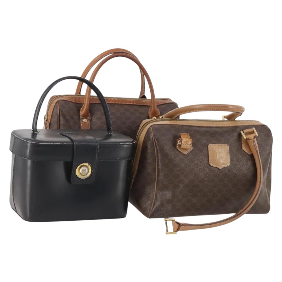 CELINE Macadam Canvas Hand Bag PVC Leather 3 Set Brown Black Auth 174950