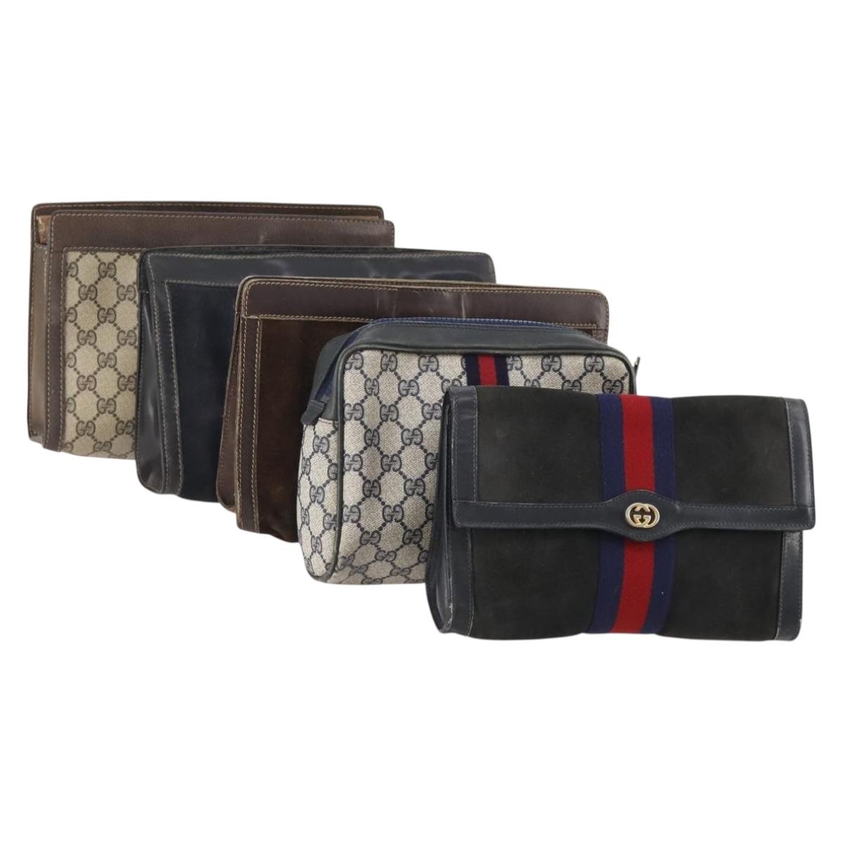 GUCCI GG Supreme Web Sherry Line Bag PVC Suede 5 Set Navy Beige Auth 174951