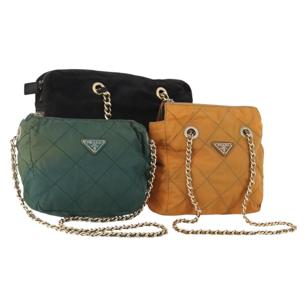PRADA Chain Shoulder Bag Nylon 3 Set Beige Black Green Auth 174962