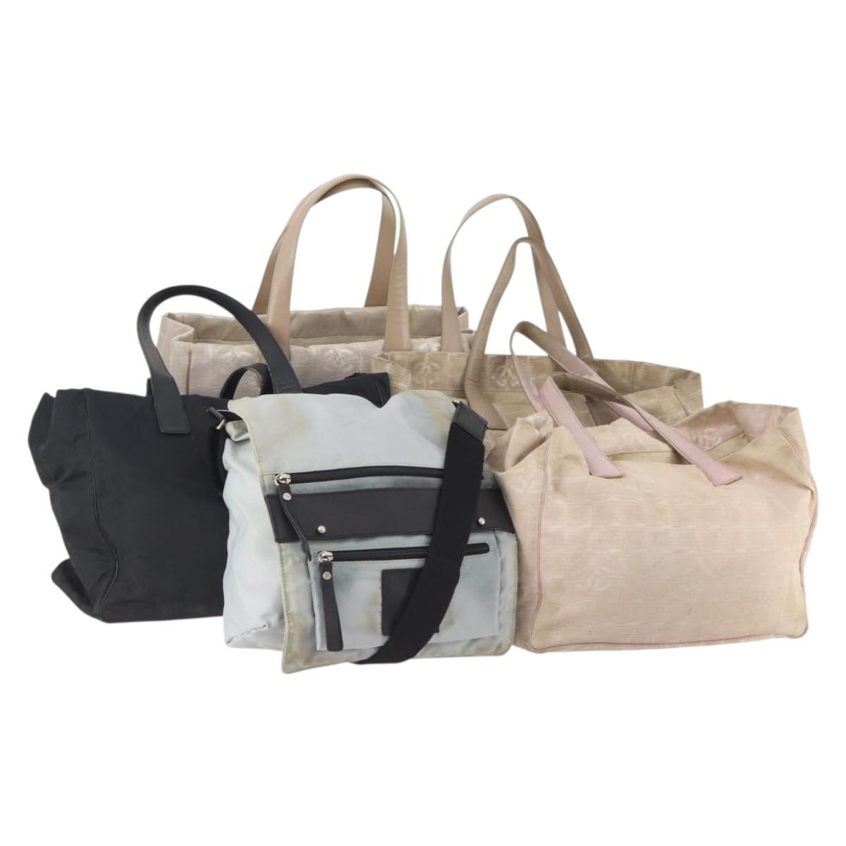 CHANEL New Travel line Tote Bag Nylon 5 Set Beige Black CC Auth 174969